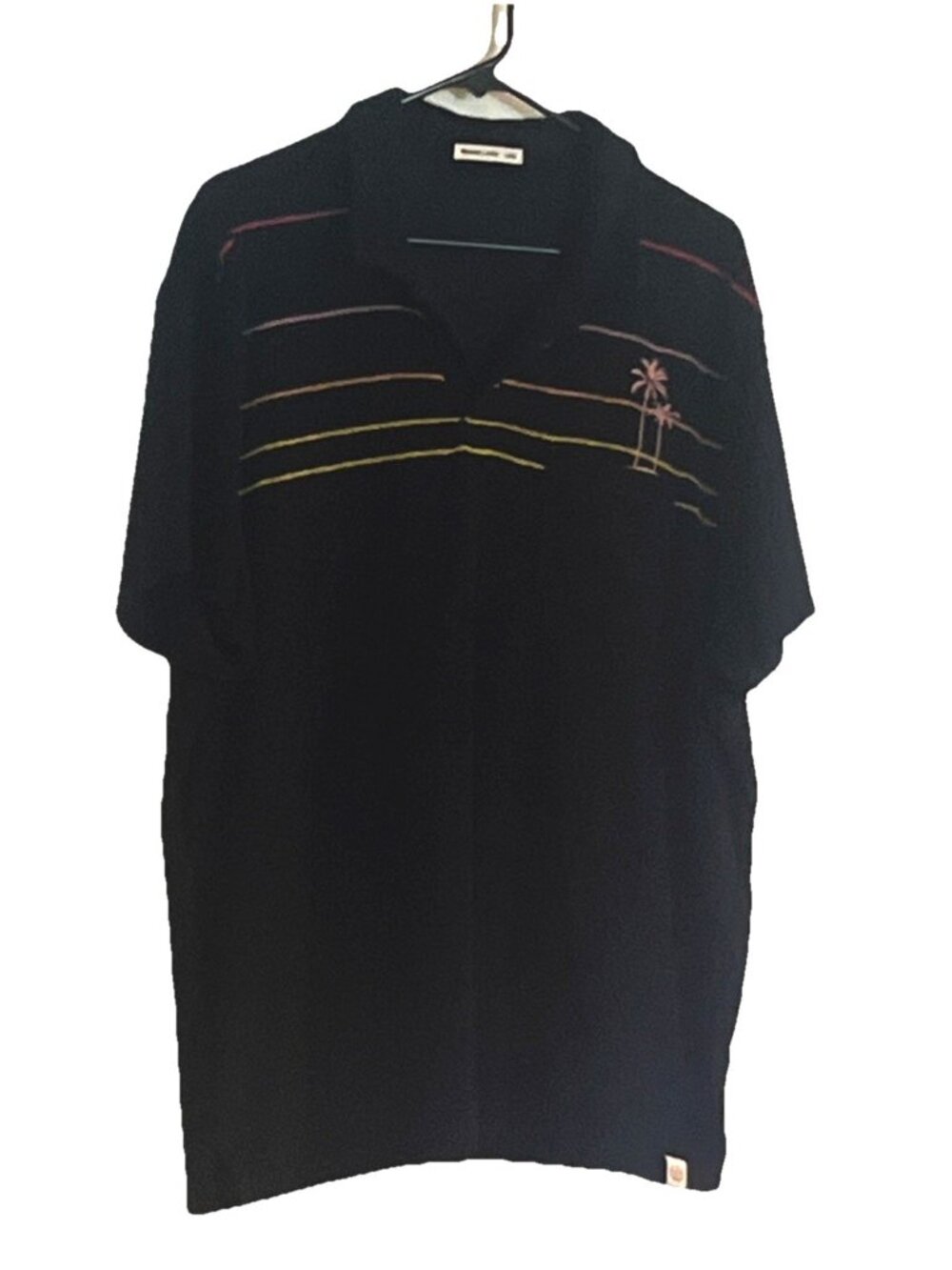 Marine Layer Terry Out Polo Navy Multistripe Short Sleeve Palm Trees Mens L/XL